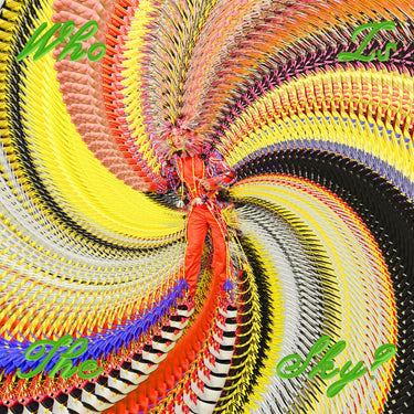 Album cover of David Byrne’s Who Is the Sky?, featuring psychedelic patterns and colorful spiky outfits by Tom Van Der Borght.