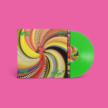 Album cover of David Byrne’s Who Is the Sky?, featuring psychedelic patterns and colorful spiky outfits by Tom Van Der Borght.